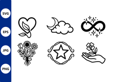 Black and White Heart Leaf Moon Star Flower Hand Vector Product Image 1