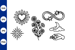 Black and White Heart Sun Moon and Hand Vector Line Art Product Image 1