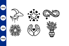 Black and White Floral Heart and Moon Vector Art Product Image 1
