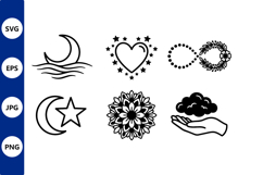 Black and White Moon Star Heart Floral Vector Icon Product Image 1