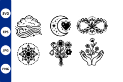 Floral Moon Heart Black and White Line Art Vector Icons Product Image 1