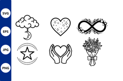 Simple black and white love symbols vector line art icons Product Image 1