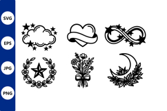 Black And White Floral Star And Moon Vector Line Art Product Image 1