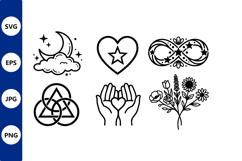 Black Line Art Heart Star Hands Moon Flowers Icons Product Image 1