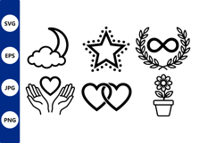 Black White Line Art Moon Star Heart Flower Vector Product Image 1