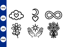 Black line art mystical symbols with flowers and hands Product Image 1