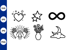 Black line art heart stars infinity hands and flowers icons Product Image 1
