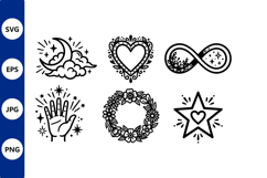 Black Line Art Heart Moon Star Hand Floral Wreath Product Image 1