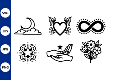 Black line art moon heart star flower icon vector Product Image 1