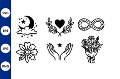Black and white symbolic vector icons moon heart infinity Product Image 1