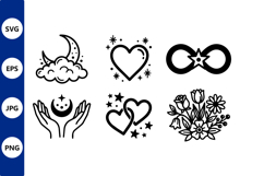 Black line art moon heart flower vector icons Product Image 1