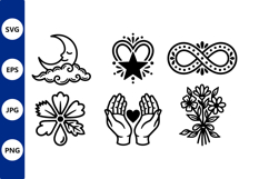 Black Line Art Moon Star Heart Hands Flowers Vector Product Image 1