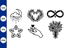 Black White Heart Wreath Hand Moon Cloud Star Flower Vector Product Image 1