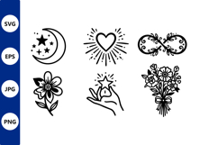Black and white floral heart moon stars hand vector art Product Image 1