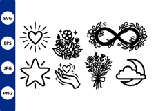 Black and white floral and heart line art vector icons Product Image 1