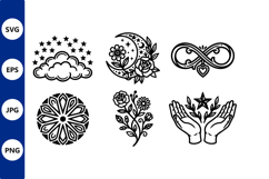 Black and White Floral Moon Stars Vector Art Product Image 1