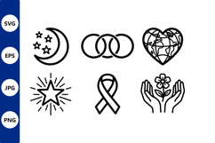 Moon Stars Ribbon Hands Flower Heart Black and White Line Product Image 1