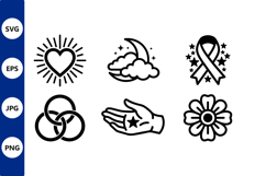 Black and white line art heart star hand flower ribbon icons Product Image 1