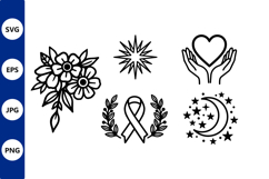 Black White Line Art Flower Ribbon Heart Icon Product Image 1
