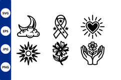 Black line art moon ribbon flower heart and hands icons Product Image 1