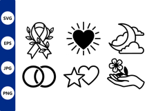 Black and white vector ribbon heart moon flower star icons Product Image 1