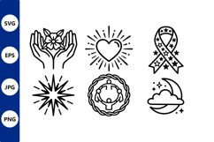 Black Line Art Hands Flower Heart Star Ribbon Moon Icons Product Image 1
