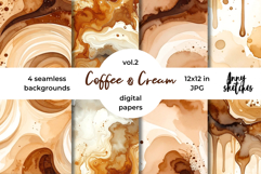 Coffee &amp; Cream Digital Paper Watercolor Seamless Patterns Product Image 1