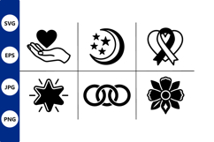 Black line art icons heart crescent moon stars rings flower Product Image 1