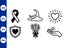 Black White Heart Moon Ribbon Flowers Icons Vector Line Art Product Image 1
