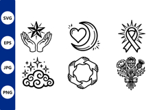 Black and white line art star moon heart ribbon flower icons Product Image 1