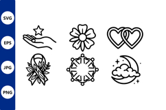Six minimalist line art icons with moon star hearts flower Product Image 1