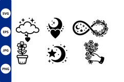 Black And White Line Art Hearts Flowers And Moon Vector Product Image 1