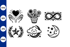 Black and White Heart Hands Flower Moon Icon Product Image 1