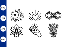 Floral heart moon stars vector line art icons Product Image 1