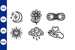 Cosmic moon flower heart hand vector line art icons Product Image 1
