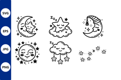 Cute Sleeping Moon Stars Line Art Product Image 1