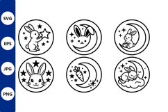Cute Rabbit Moon Stars Icons Line Art Product Image 1
