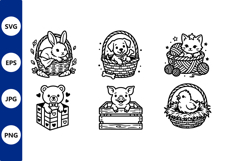Cute animals in baskets line art Product Image 1