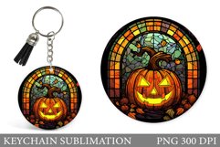 Pumpkin Stained Glass Keychain. Halloween Round Keychain Product Image 1