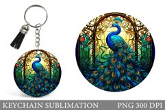 Peacock Keychain. Stained Glass Peacock Round Keychain Product Image 1