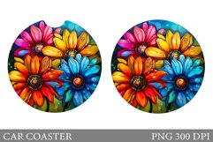Rainbow Flowers Car Coaster. Stained Glass Flowers Coaster Product Image 1