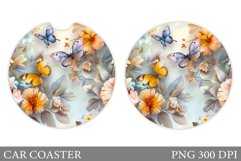 Flowers Car Coaster Sublimation. Butterflies Car Coaster Product Image 1