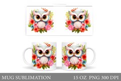 Cute Owl Mug Sublimation. Owl Flowers Mug Wrap Design Product Image 1