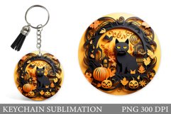 Halloween Cat Round Keychain. Black Cat Halloween Keychain Product Image 1