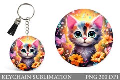 Cute Cat Keychain Sublimation. Cat Round Keychain Design Product Image 1