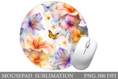 Butterflies Mouse Pad Sublimation. Flowers Round Mouse Pad Product Image 1