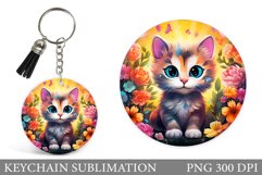3D Cat Keychain Sublimation. Round Keychain Cat Design Product Image 1