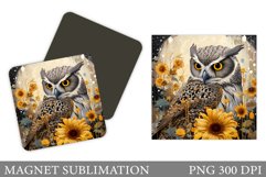 Owl Magnet Design. Owl Sunflowers Magnet Sublimation Product Image 1