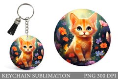 Cute Cat Keychain Sublimation. Cat Flowers Keychain Design Product Image 1