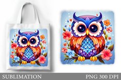 Cute Owl Tote Bag Sublimation. Owl Flowers Sublimation Product Image 1